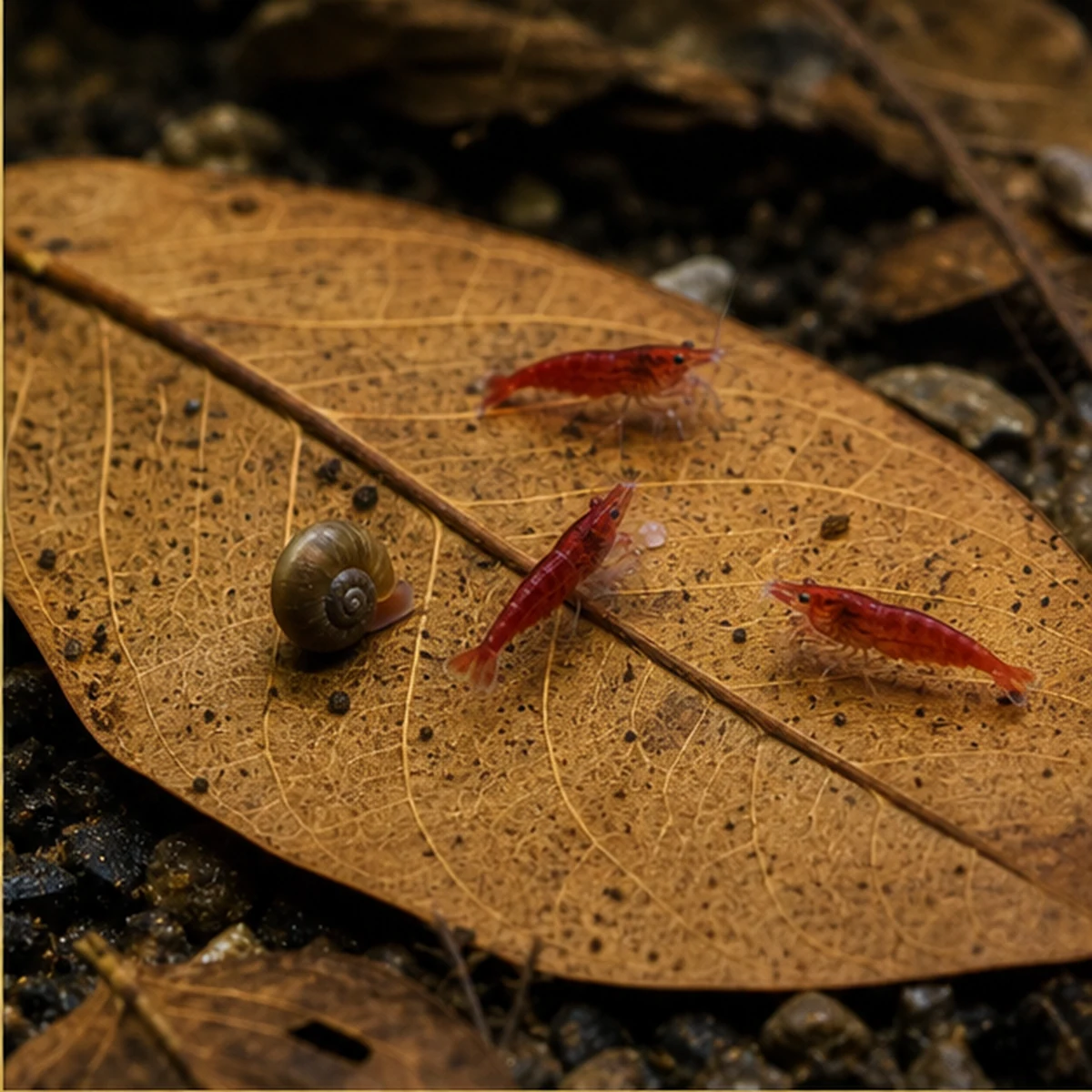 Dried Terminalia catappa Leaves - Aquarium Leaf Litter illustrative grazing surface scene