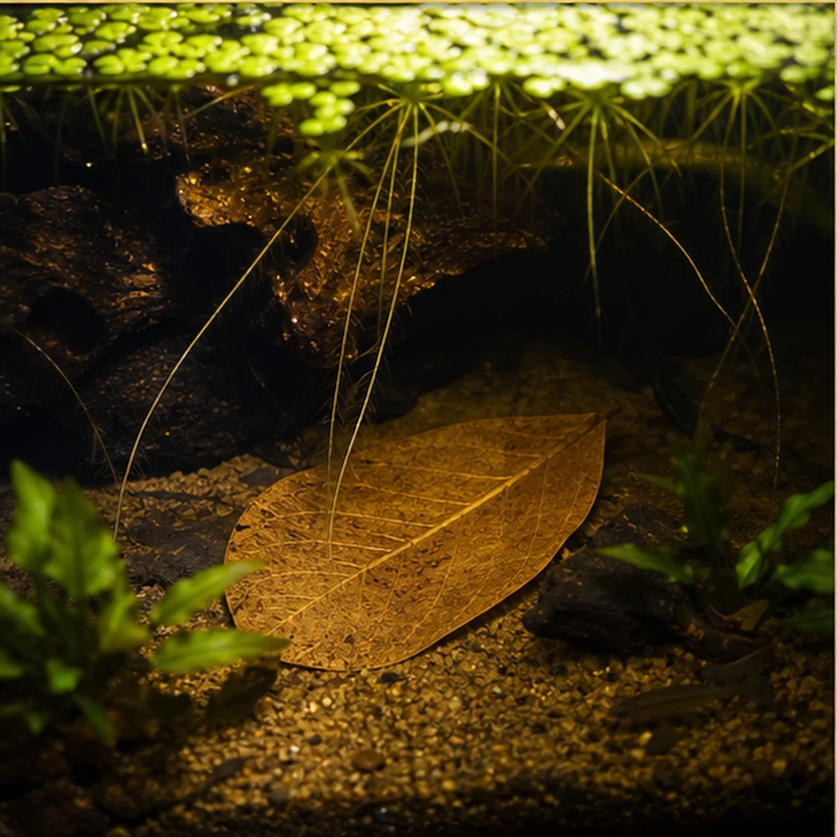 Dried Terminalia catappa Leaves - Aquarium Leaf Litter illustrative natural placement scene