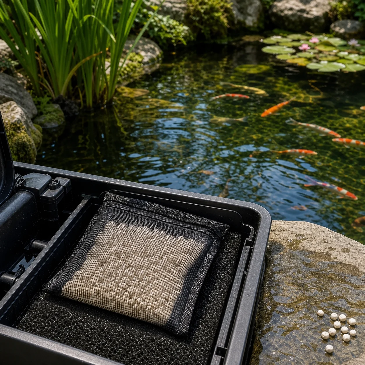 Natural Zeolite Granules illustrative pond filter context scene