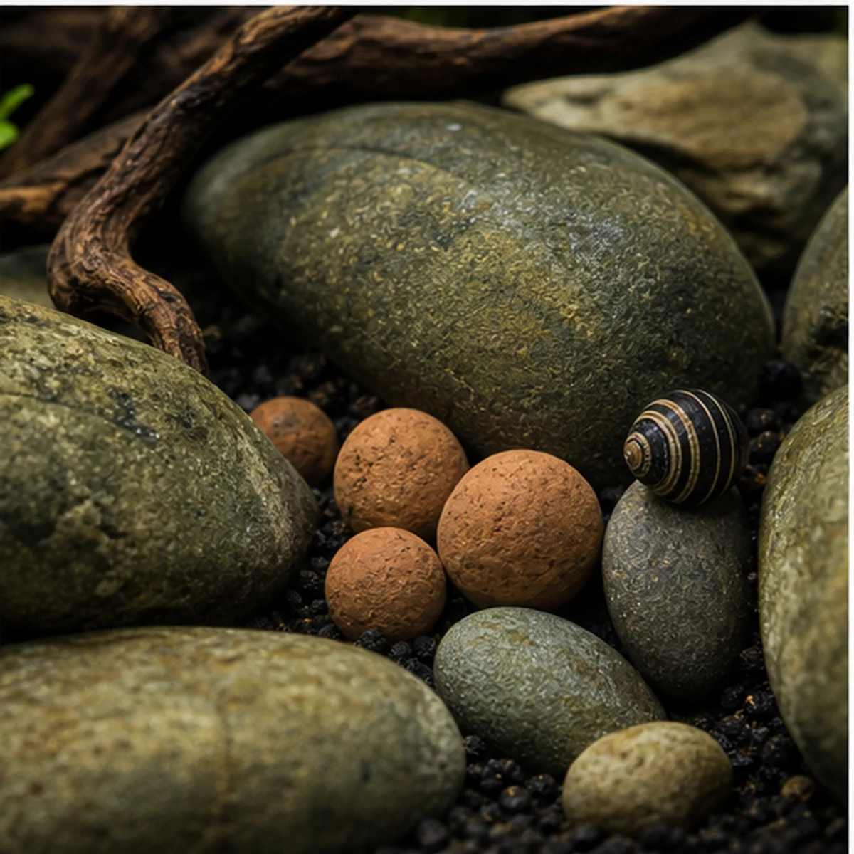 Tourmaline Mineral Balls 5-10mm illustrative between roots and stones scene
