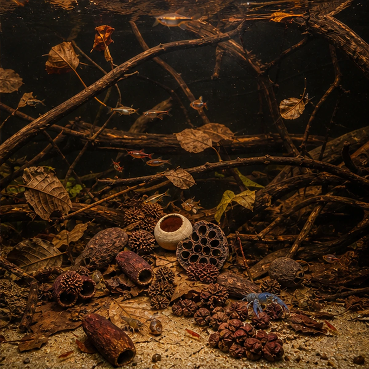 Dwarf Crayfish Hide & Cover Pack – 60–120L habitat context illustrative scene