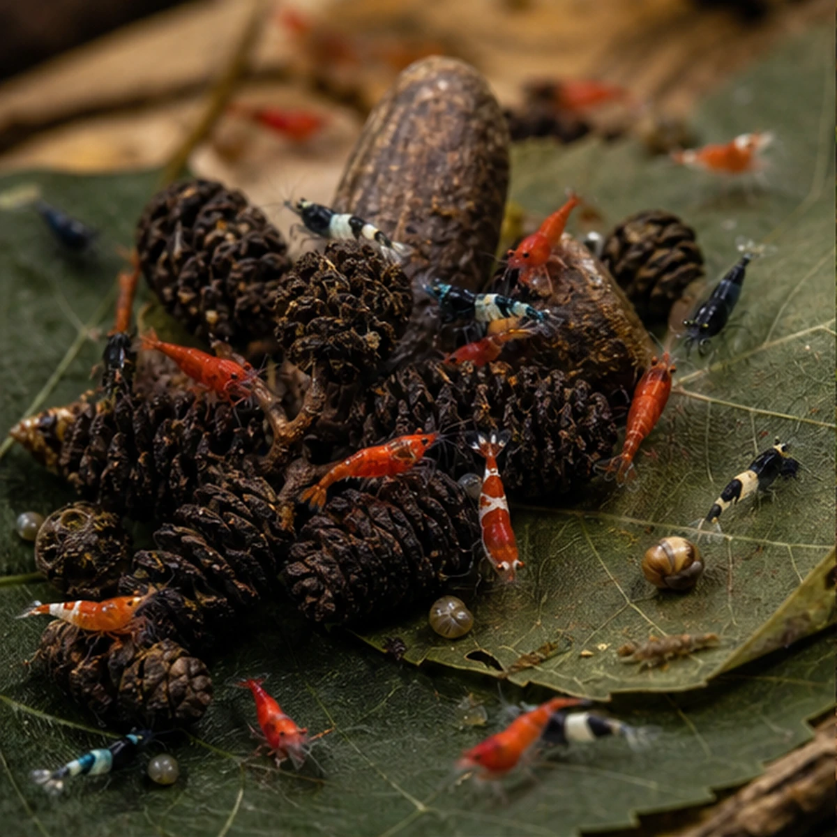 Blackwater Shrimp Bundle – Leaf Litter, Cones, Pods & Cholla bundle close-up illustrative scene