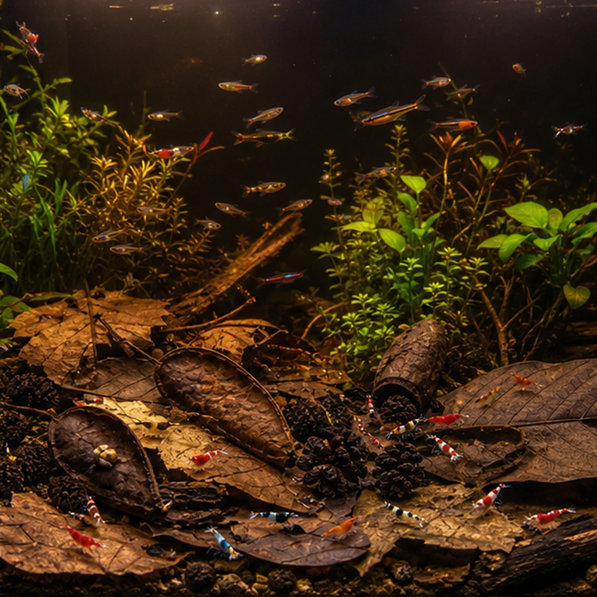 Blackwater Shrimp Bundle – Leaf Litter, Cones, Pods & Cholla habitat context illustrative scene