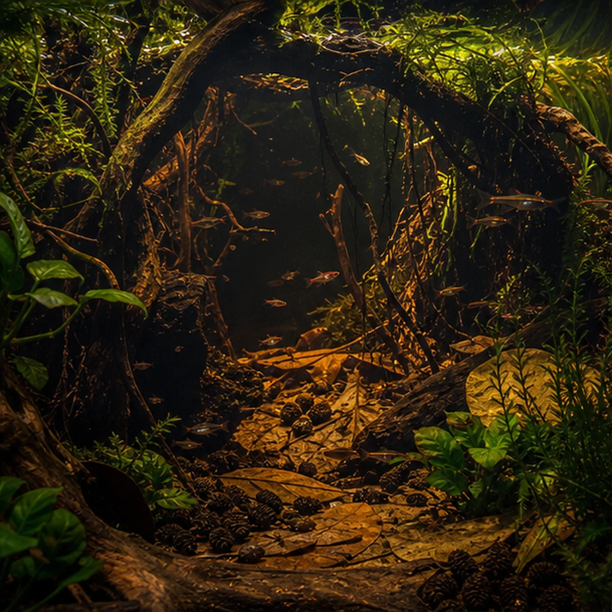 Leaf Litter + Tannins Starter Bundle – Blackwater / Biofilm Pack bundle close-up illustrative scene