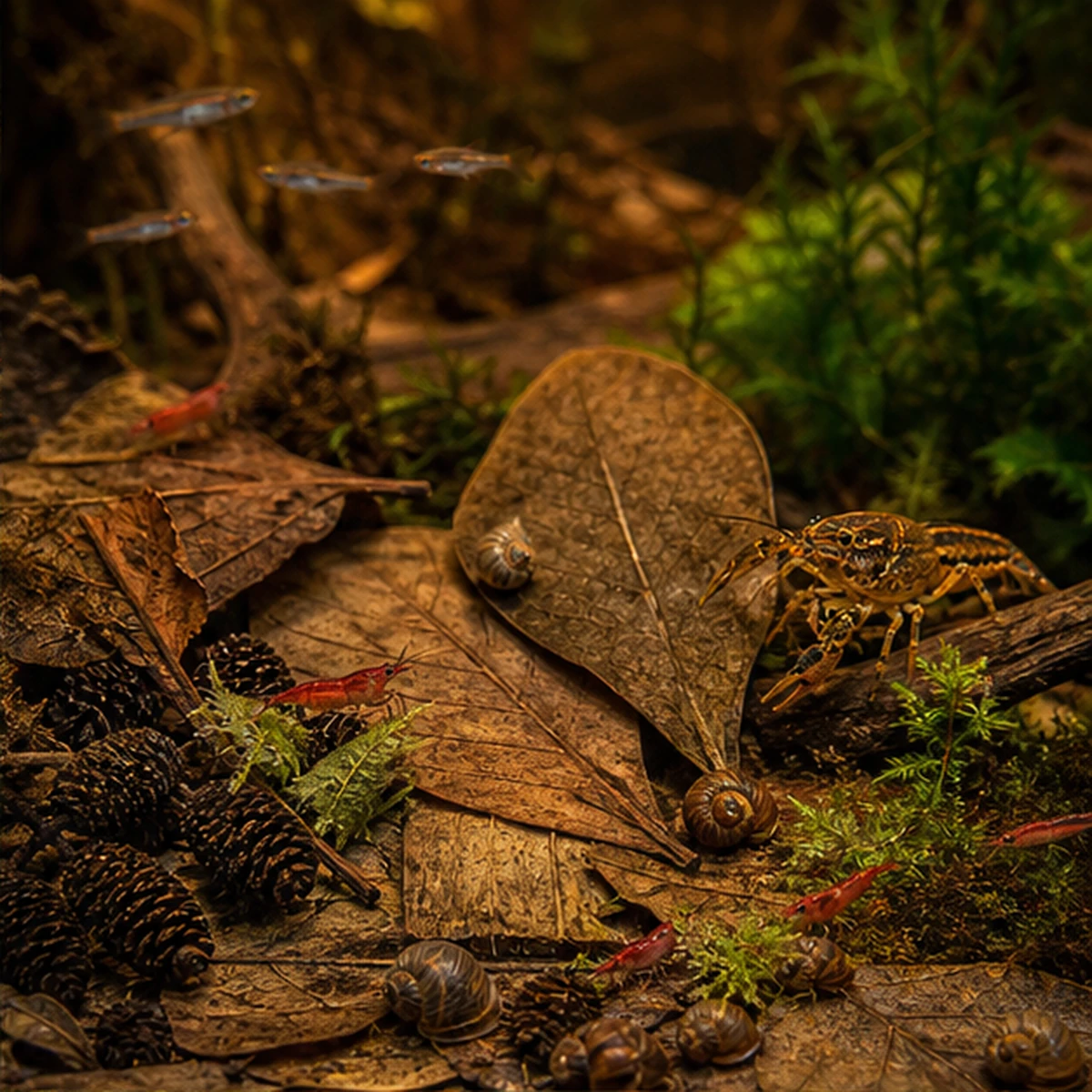 Leaf Litter + Tannins Starter Bundle – Blackwater / Biofilm Pack habitat context illustrative scene