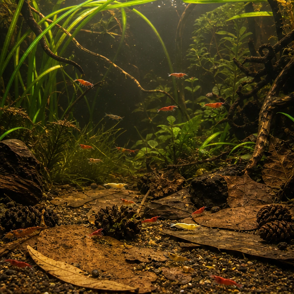 Grazing + Leaf Litter + Tannins Mini Bundle – Shrimp/Blackwater Pack bundle close-up illustrative scene