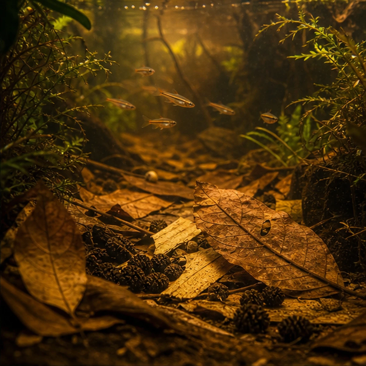 Leaf Litter + Tannins Starter Bundle – Catappa, Banana & Alder Cones Pack habitat context illustrative scene