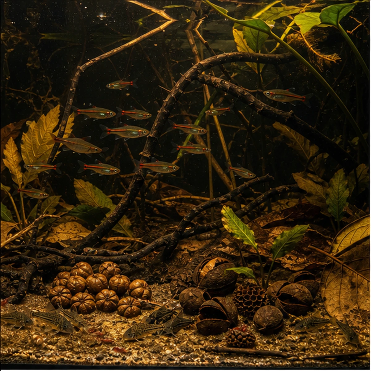 Aquarium Botanical Starter Box – Pods, Cones, Musa Stem & Tropical Leaves bundle close-up illustrative scene