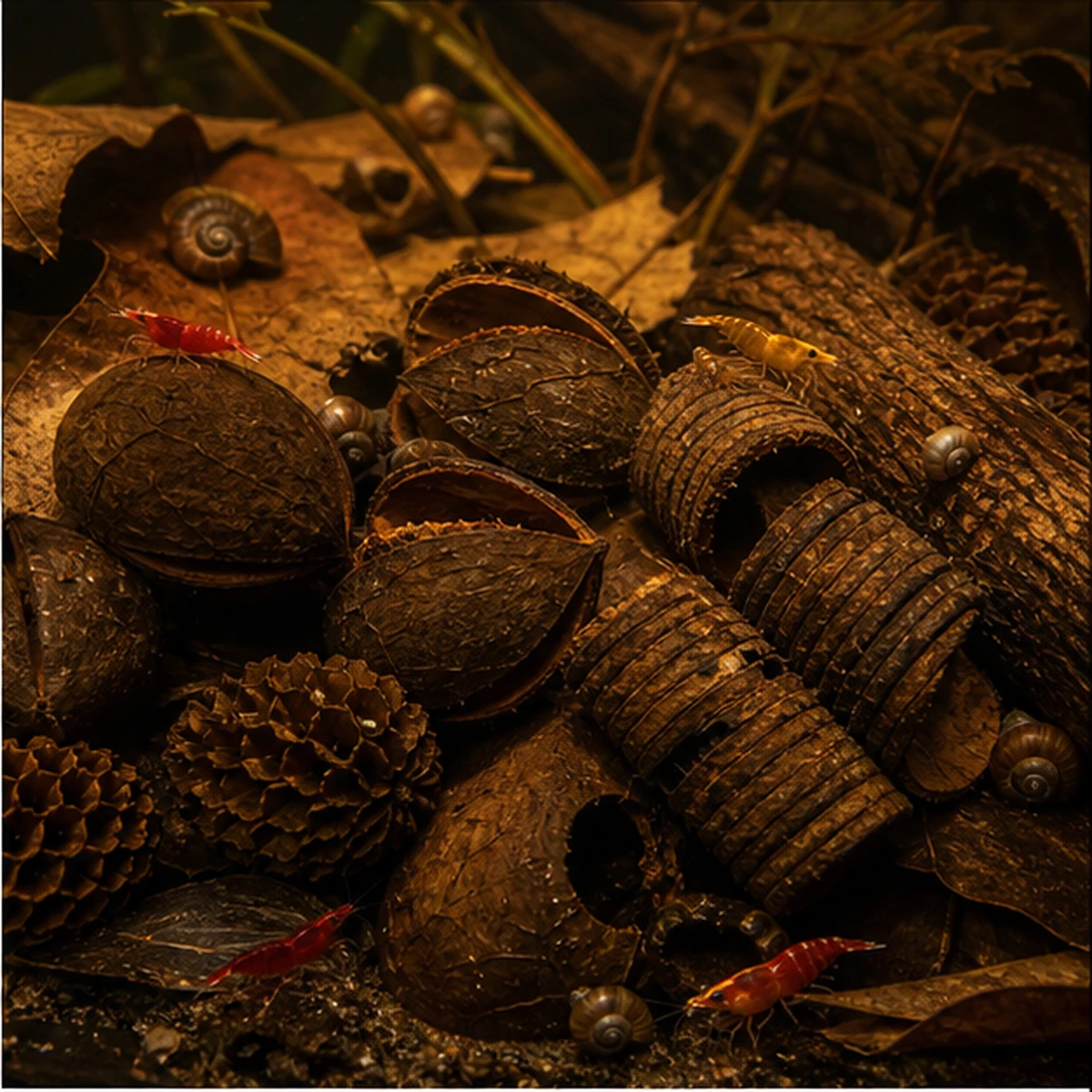 Aquarium Botanical Starter Box – Pods, Cones, Musa Stem & Tropical Leaves habitat context illustrative scene