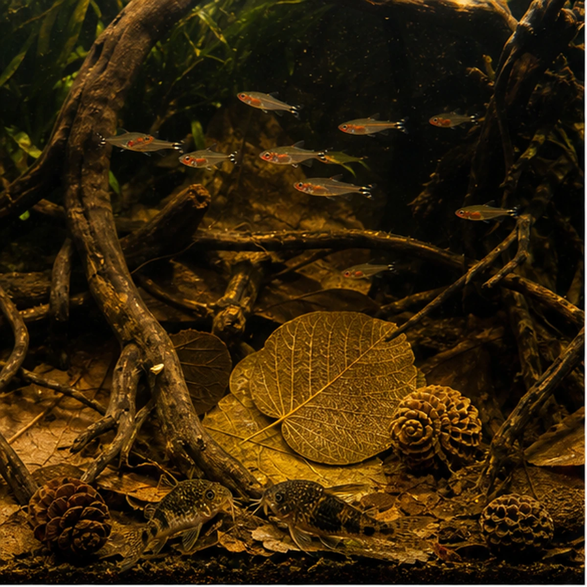 Aquarium Botanical Starter Box – Natural Pods, Cones & Leaf Litter bundle close-up illustrative scene