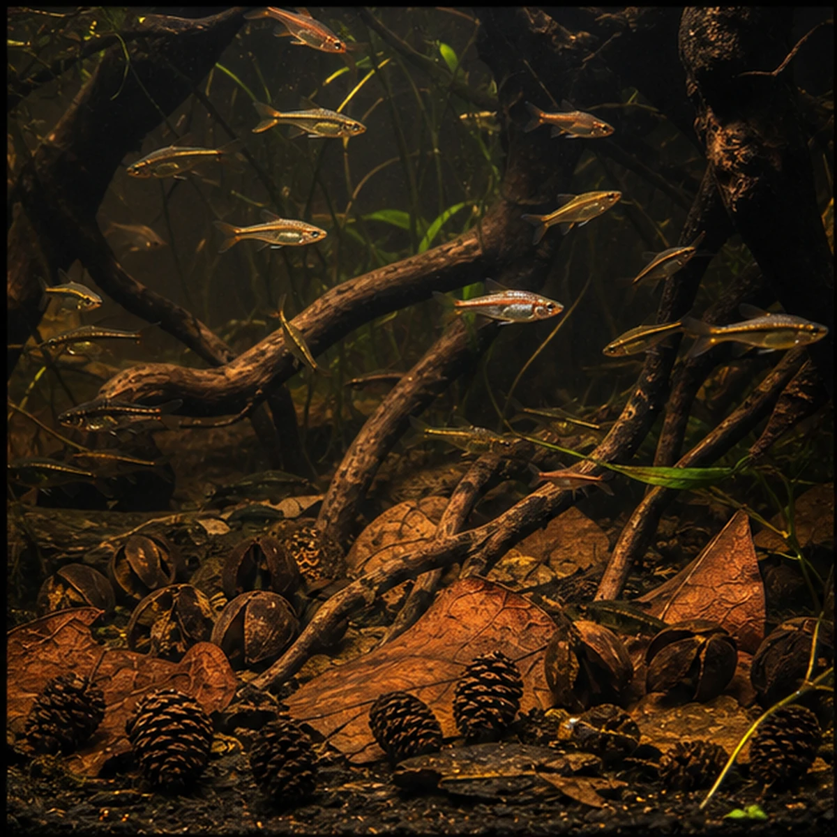 Aquarium Botanical Starter Box – Bakuli, Cones & Leaf Litter bundle close-up illustrative scene