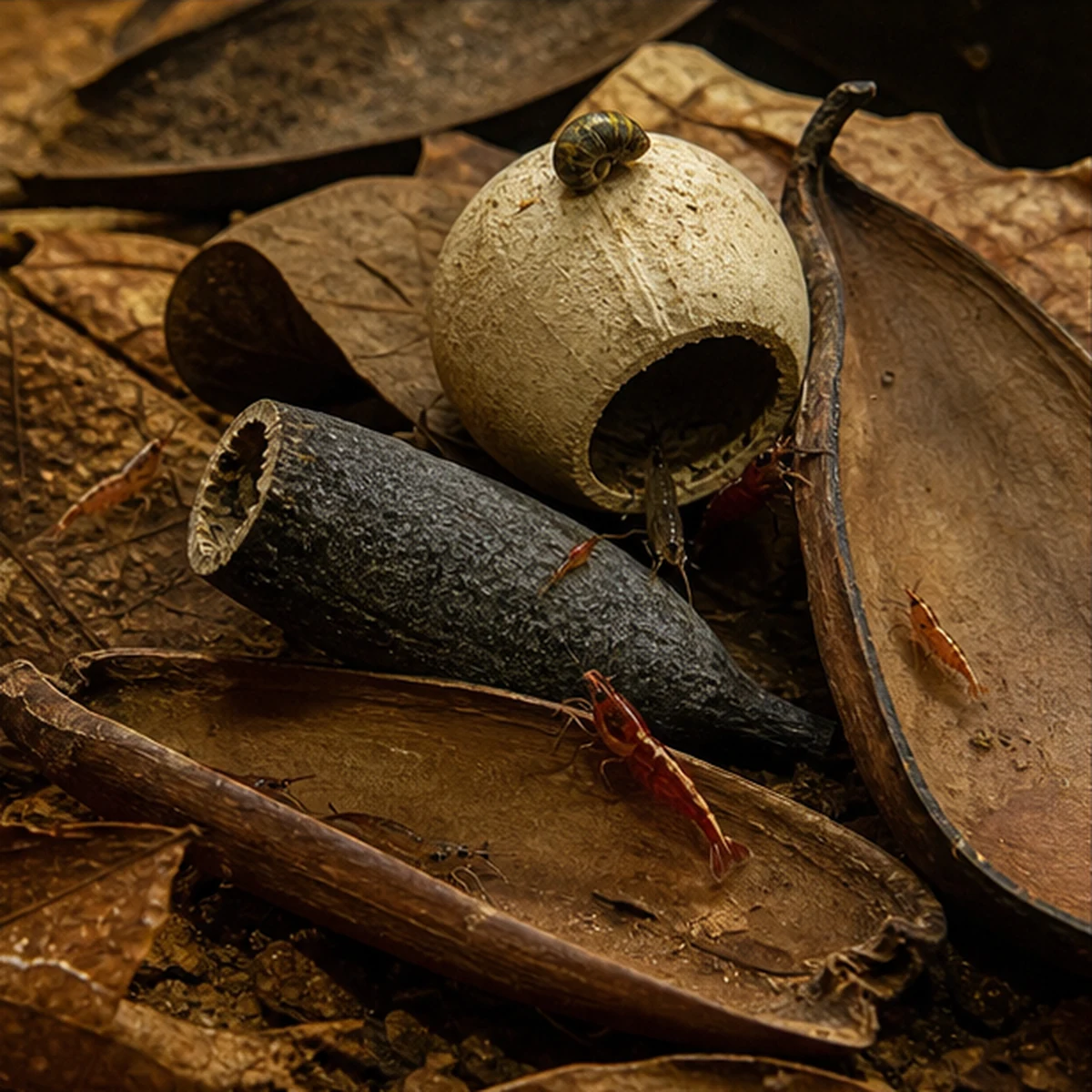 Blackwater Botanical Pack – Pods, Cups, Nuts & Leaf Litter grazing and detail illustrative product-world scene