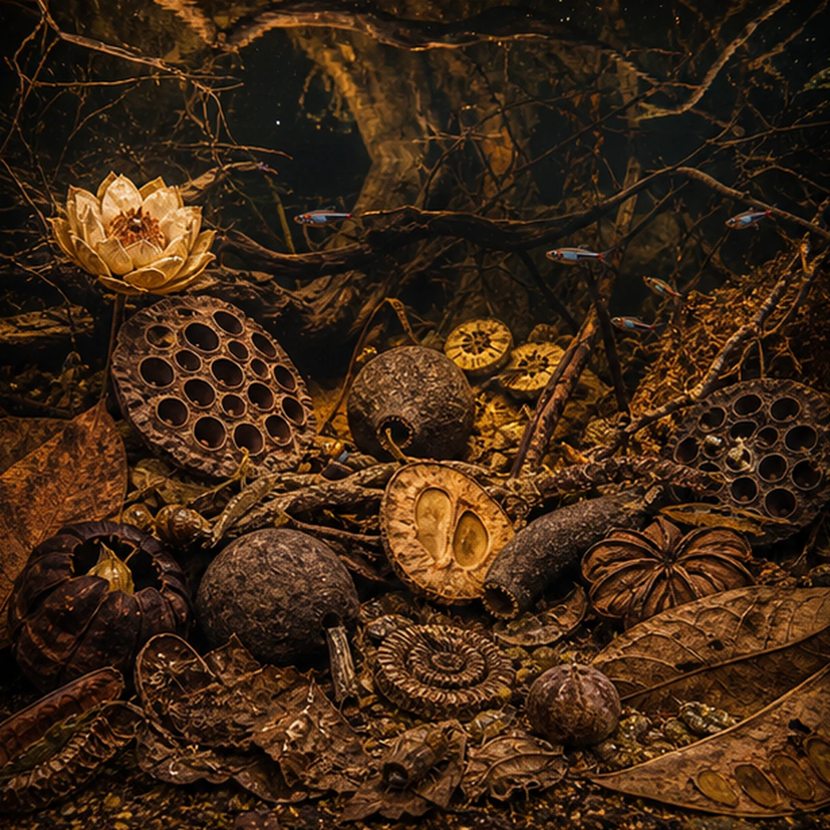 Blackwater Botanical Box – Leaf-Litter, Pods & Tannins wide habitat route illustrative product-world scene