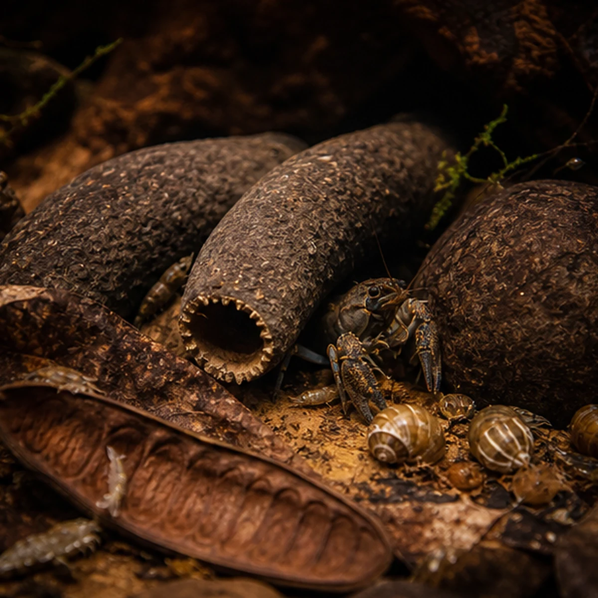 Blackwater Botanical Box – Leaf-Litter, Pods & Tannins grazing and detail illustrative product-world scene