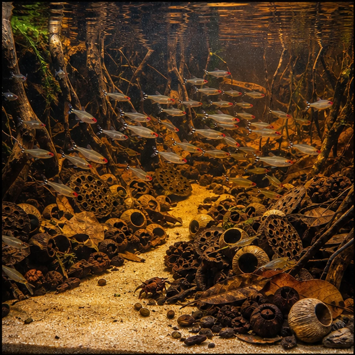 Aquascape Structure Box – 80–150L wide blackwater aquascape illustration