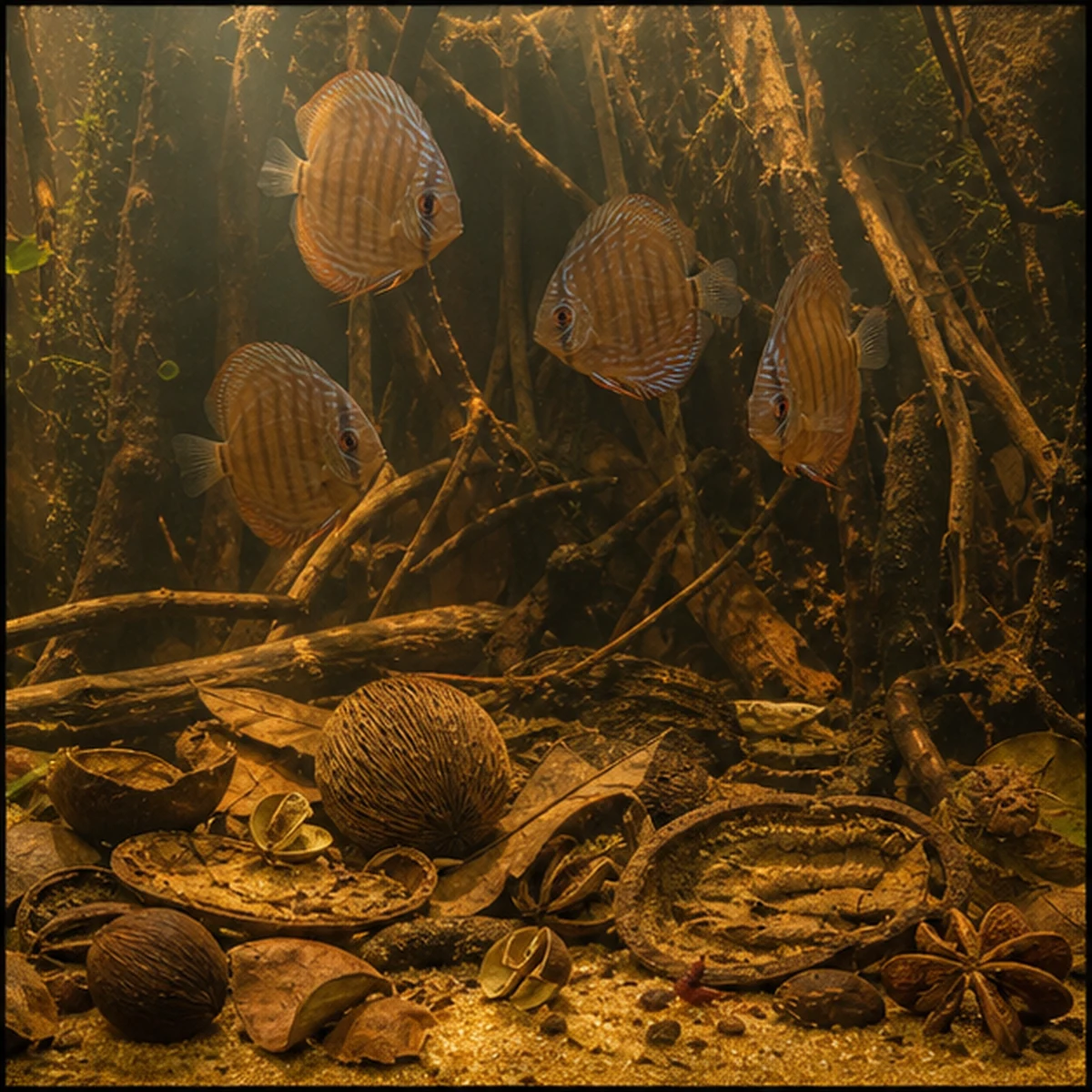 Blackwater Botanical Box – Tannins, Structure & Micro-Habitats wide blackwater aquascape illustration