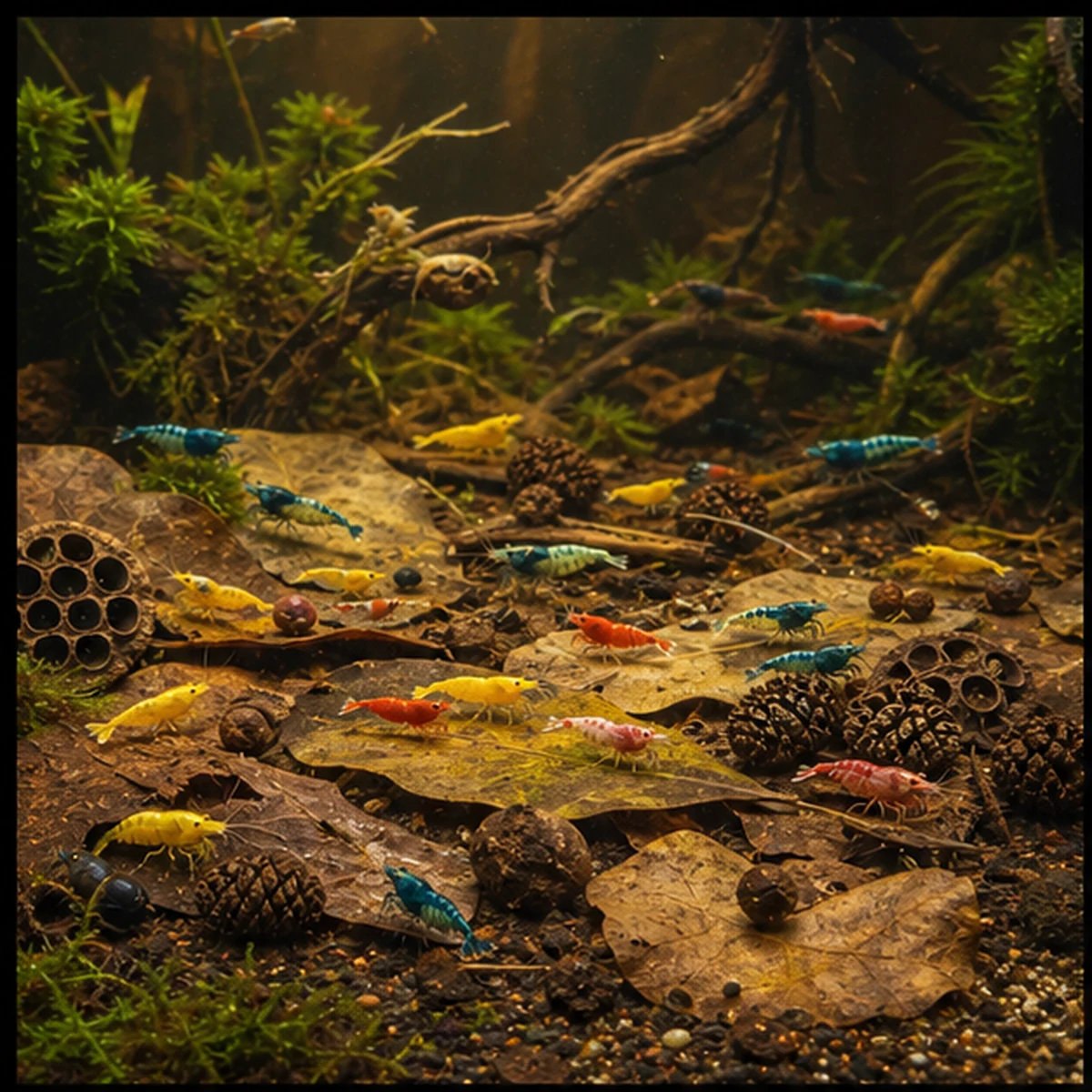 Shrimp Colony Starter Deluxe 60–100L – Leaf-Litter Pack wide blackwater aquascape illustration