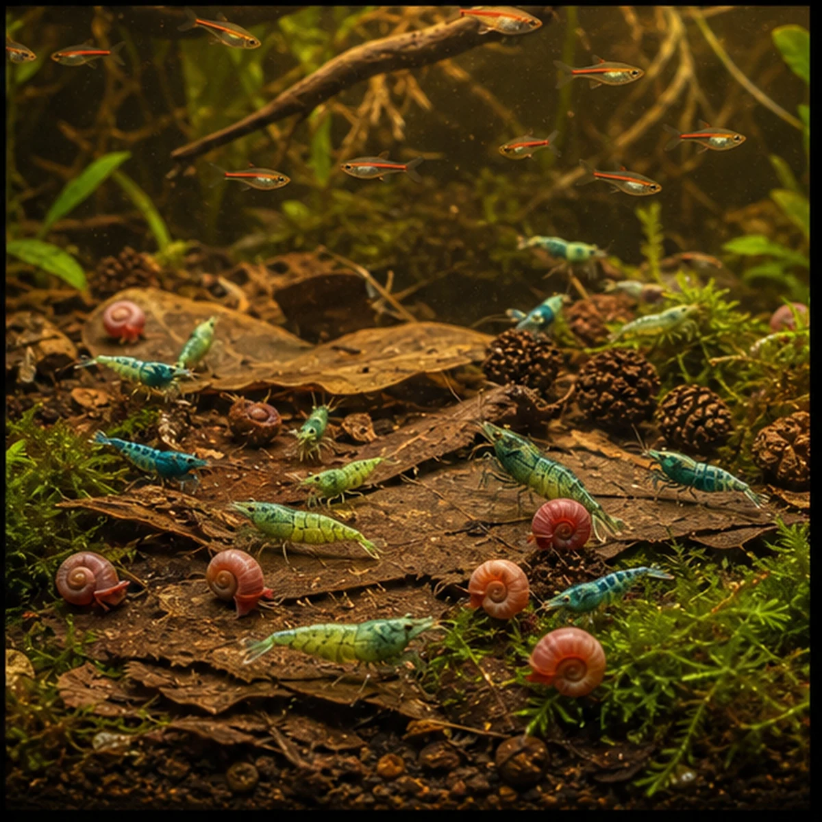 Shrimp Colony Starter Deluxe 60–100L – Leaf-Litter Pack living blackwater community illustration