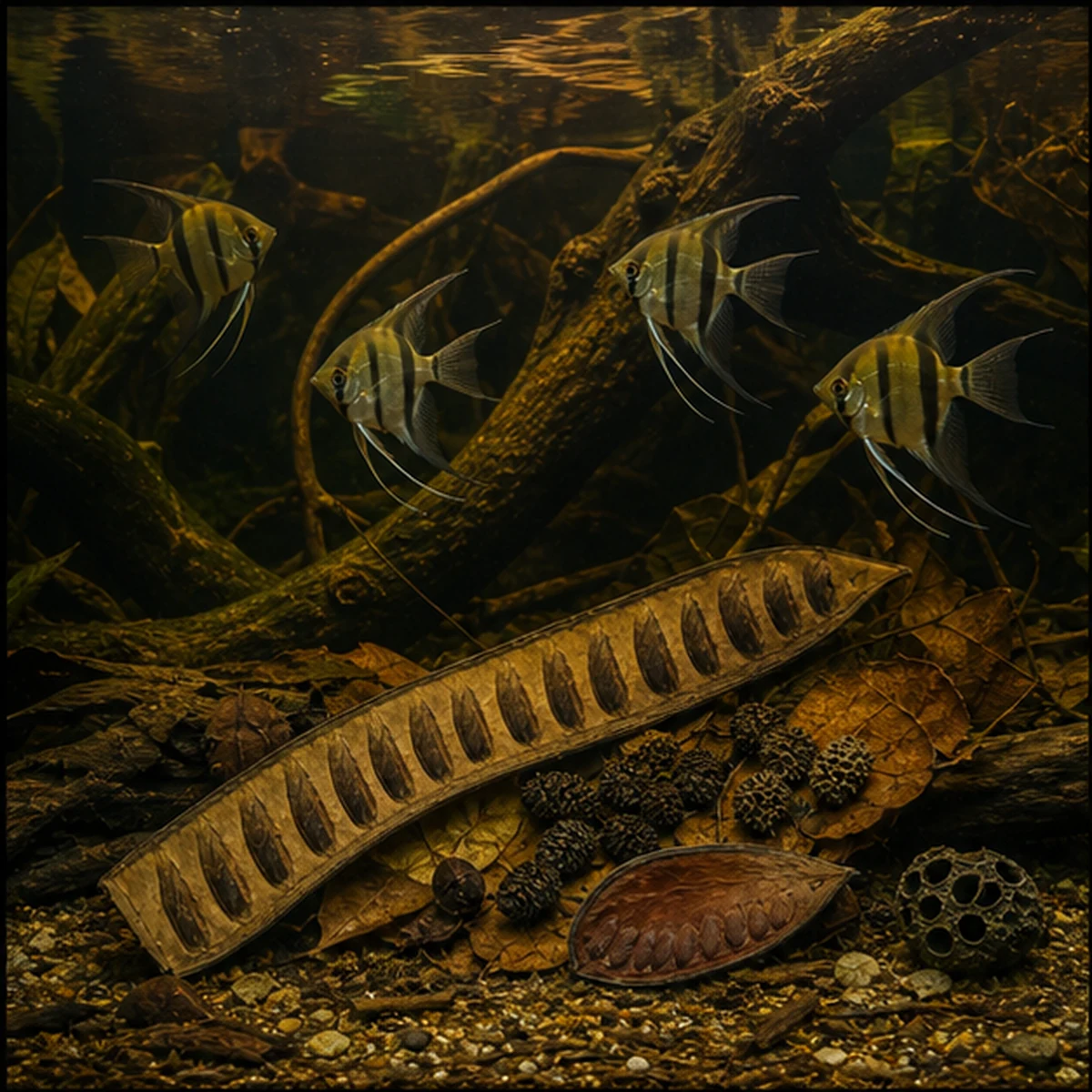 Blackwater Botanical Box – Pods, Leaves, Cones & Large Feature Piece wide blackwater aquascape illustration