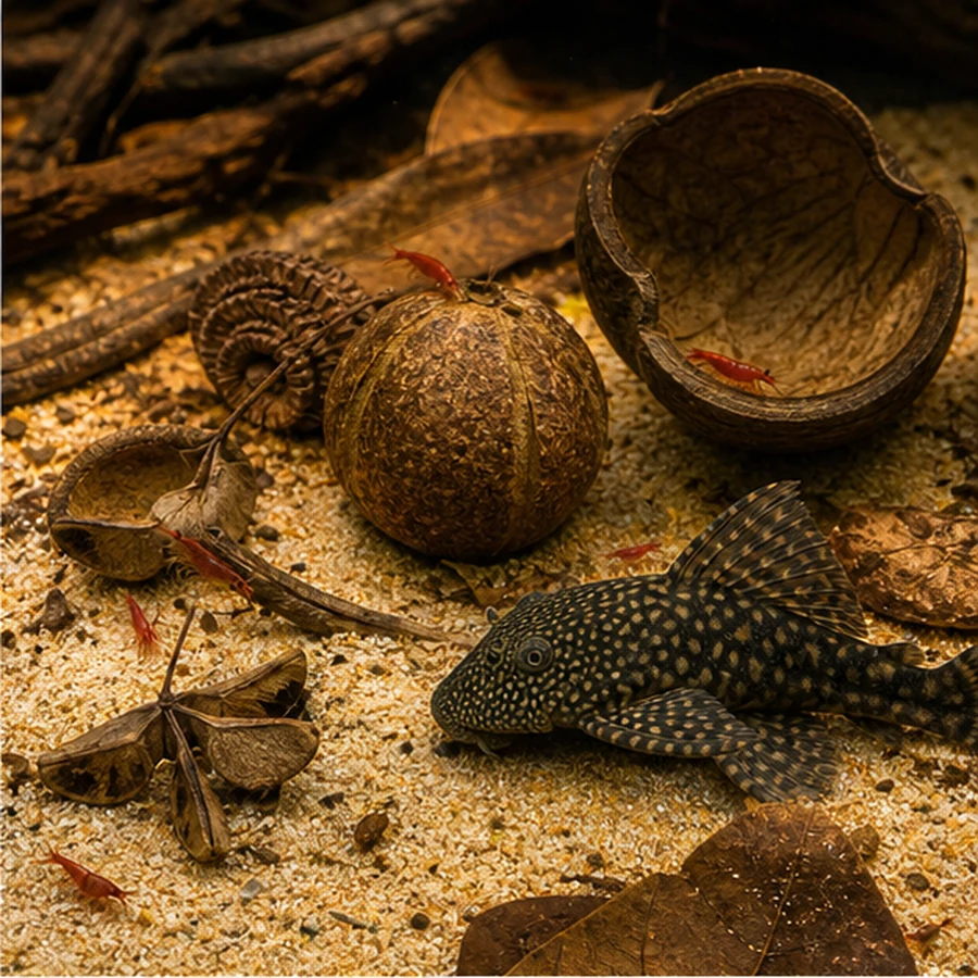 Blackwater Botanical Box – Big Structure, Shelters & Detail (Buddha Nut) illustrative product-world scene: Pleco and shrimp texture zone
