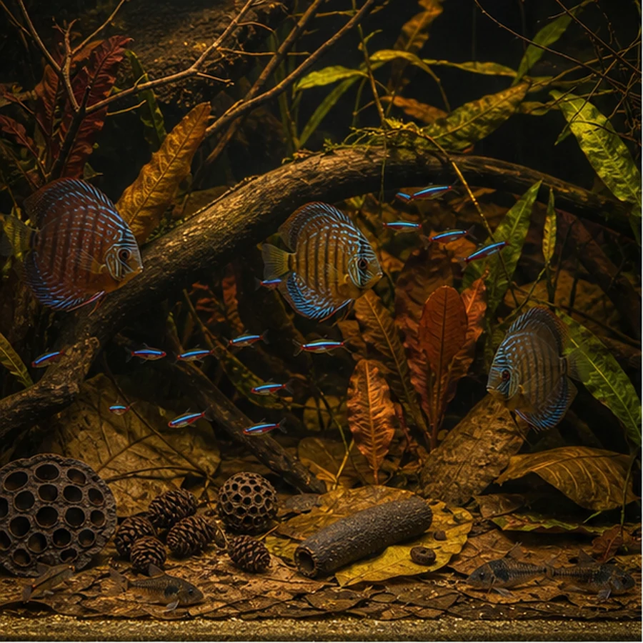 Large Blackwater Botanical Enrichment Box – 100–120 L Aquariums illustrative product-world scene: Wide discus habitat route
