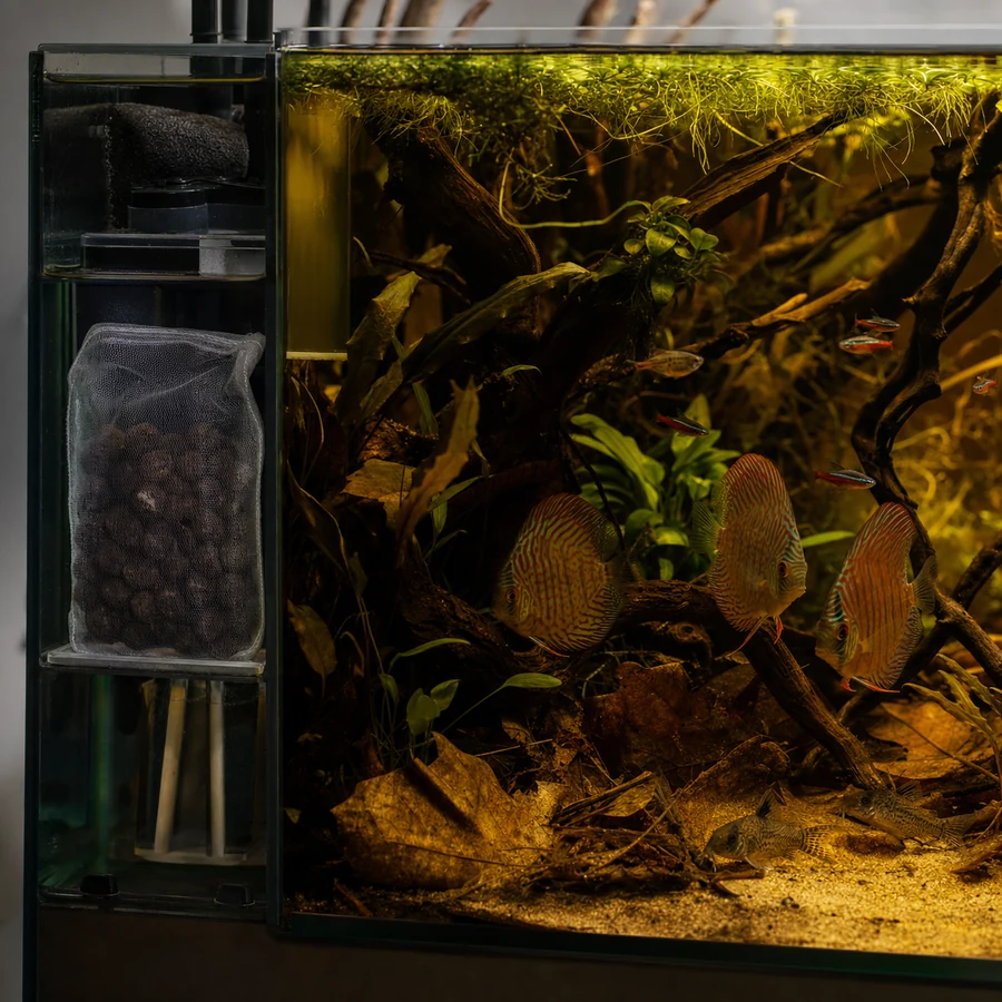 Premium Blackwater Peat Balls illustrative product-world scene: Integrated filter and habitat