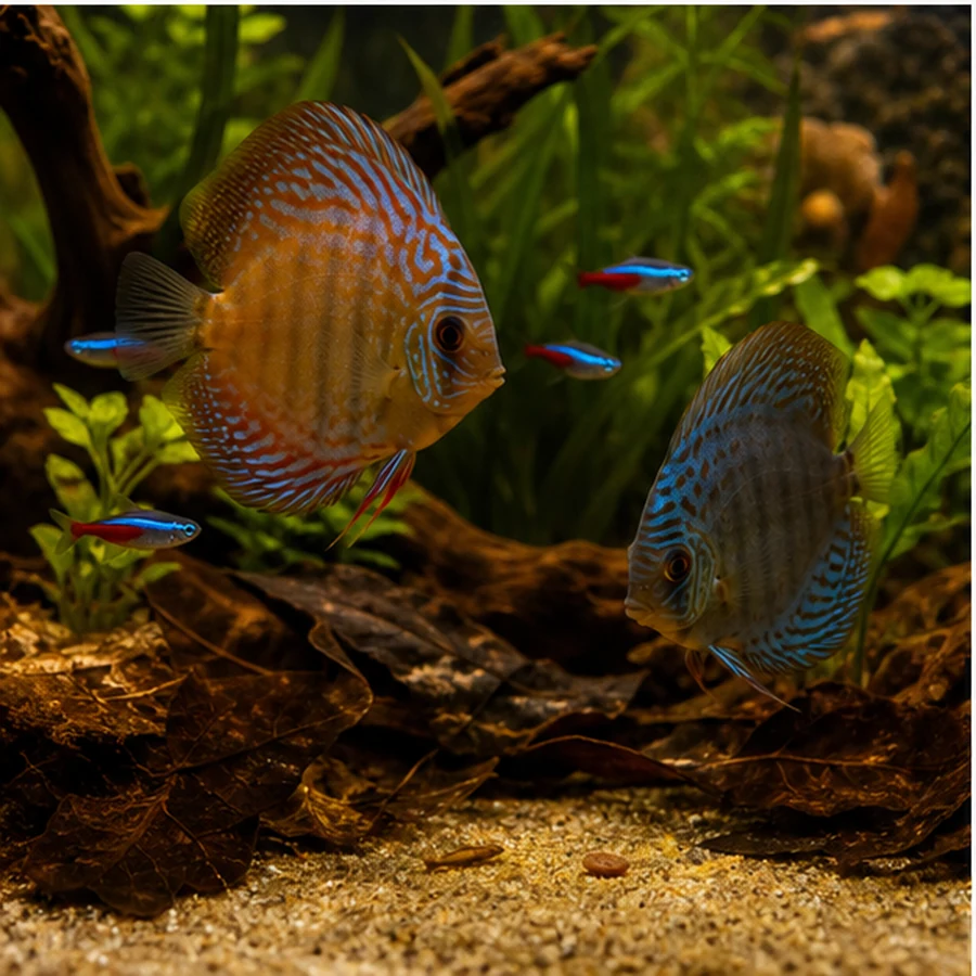 Seachem Entice 250ml Food Flavour Enhancer for Finicky Eaters illustrative product-world scene: Freshwater discus context