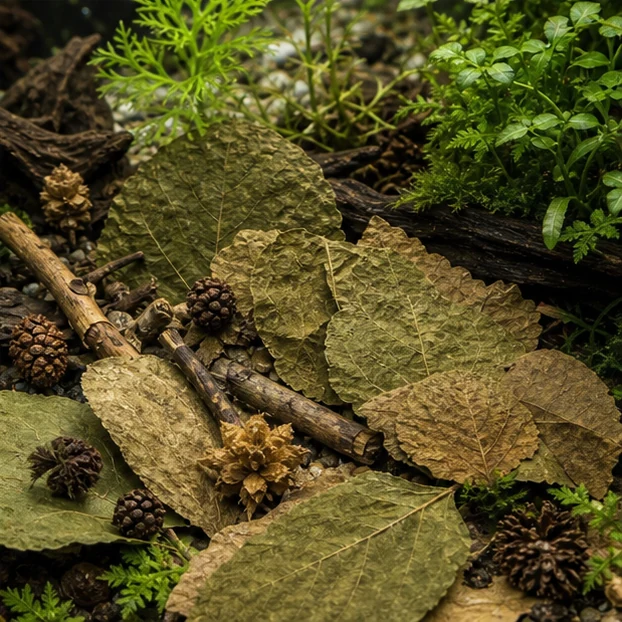Mulberry Leaves illustrative context scene - shrimp/snail context without proof claims