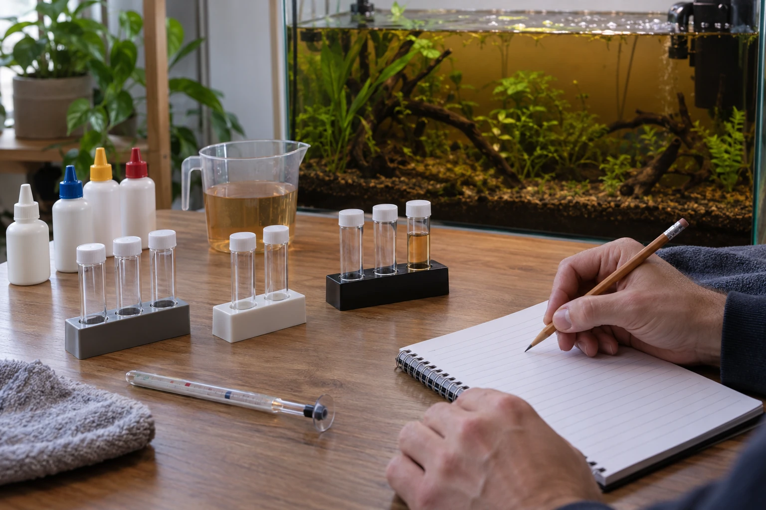 Water-testing equipment, an amber sample and a blank notebook beside an aquarium.