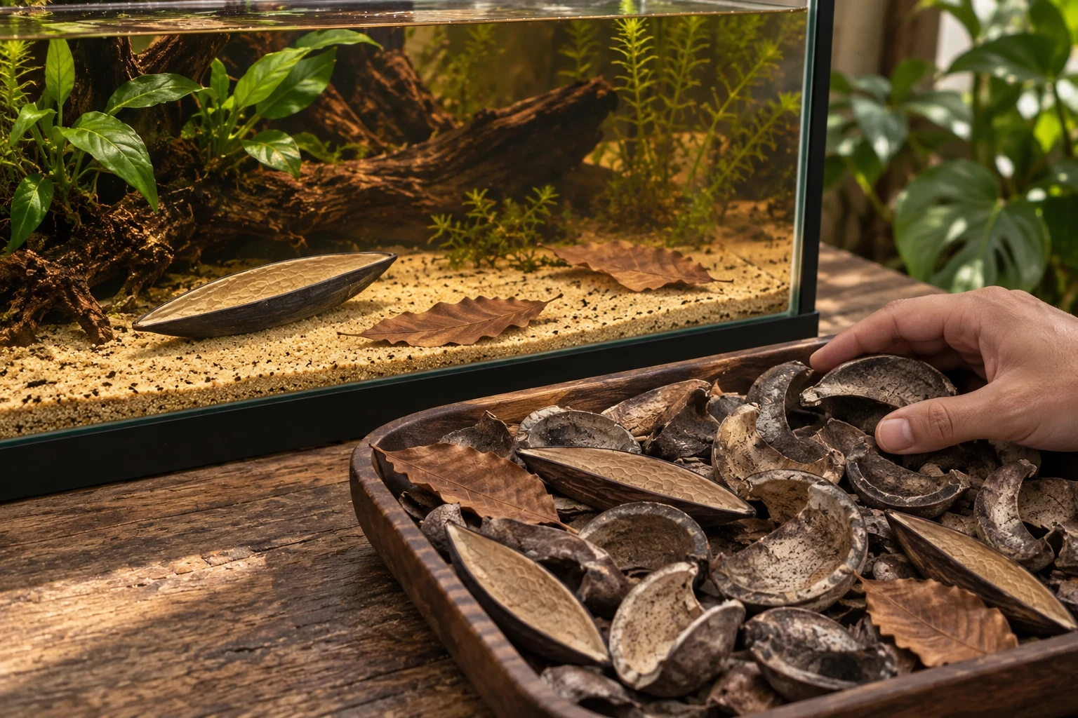 A hand pauses beside a tray of dry botanicals while an aquarium already contains leaves and a Canoinhas pod.