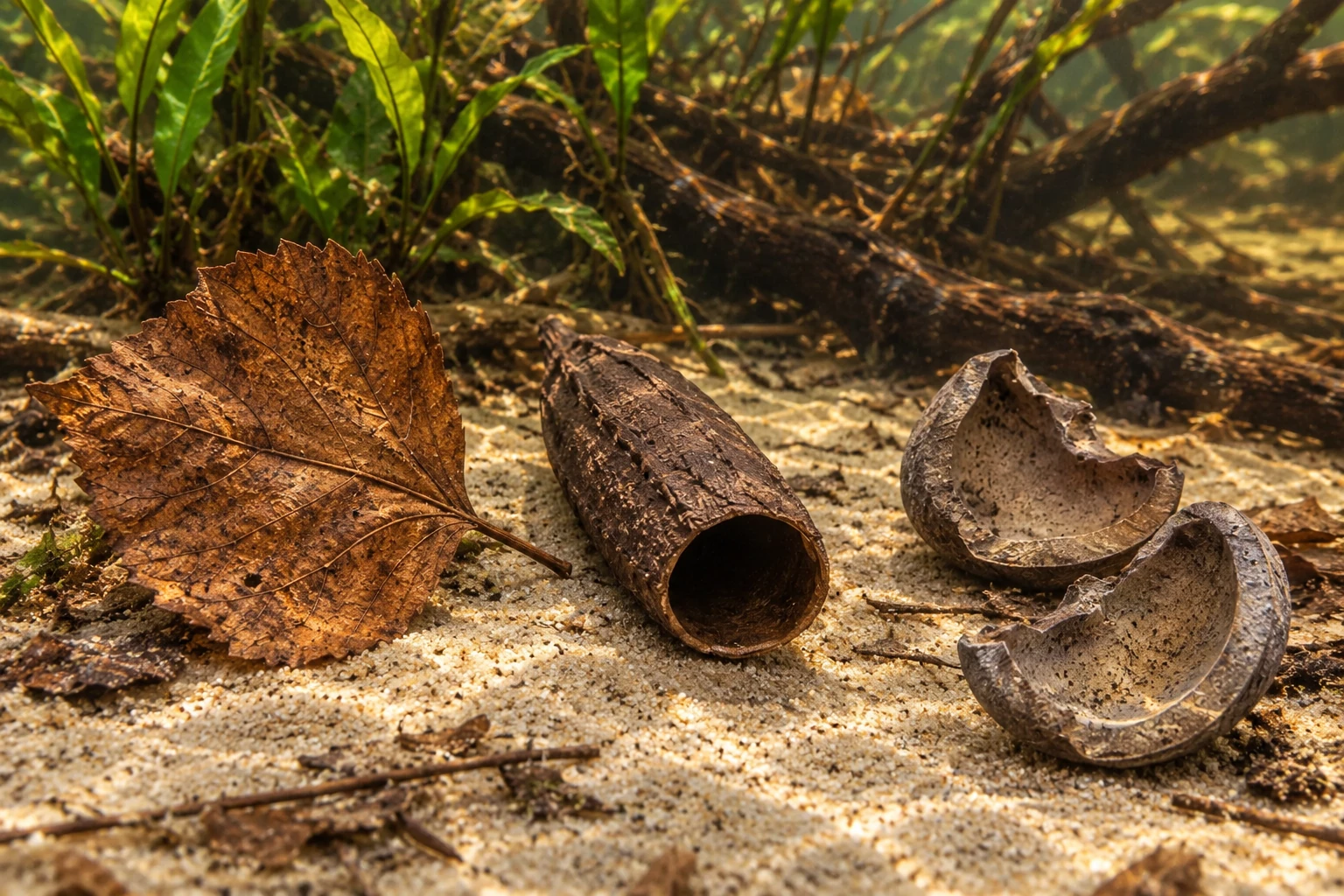 A Mulberry leaf, hollow Couratari tube and curved Rubber Tree pod segments underwater on sand.