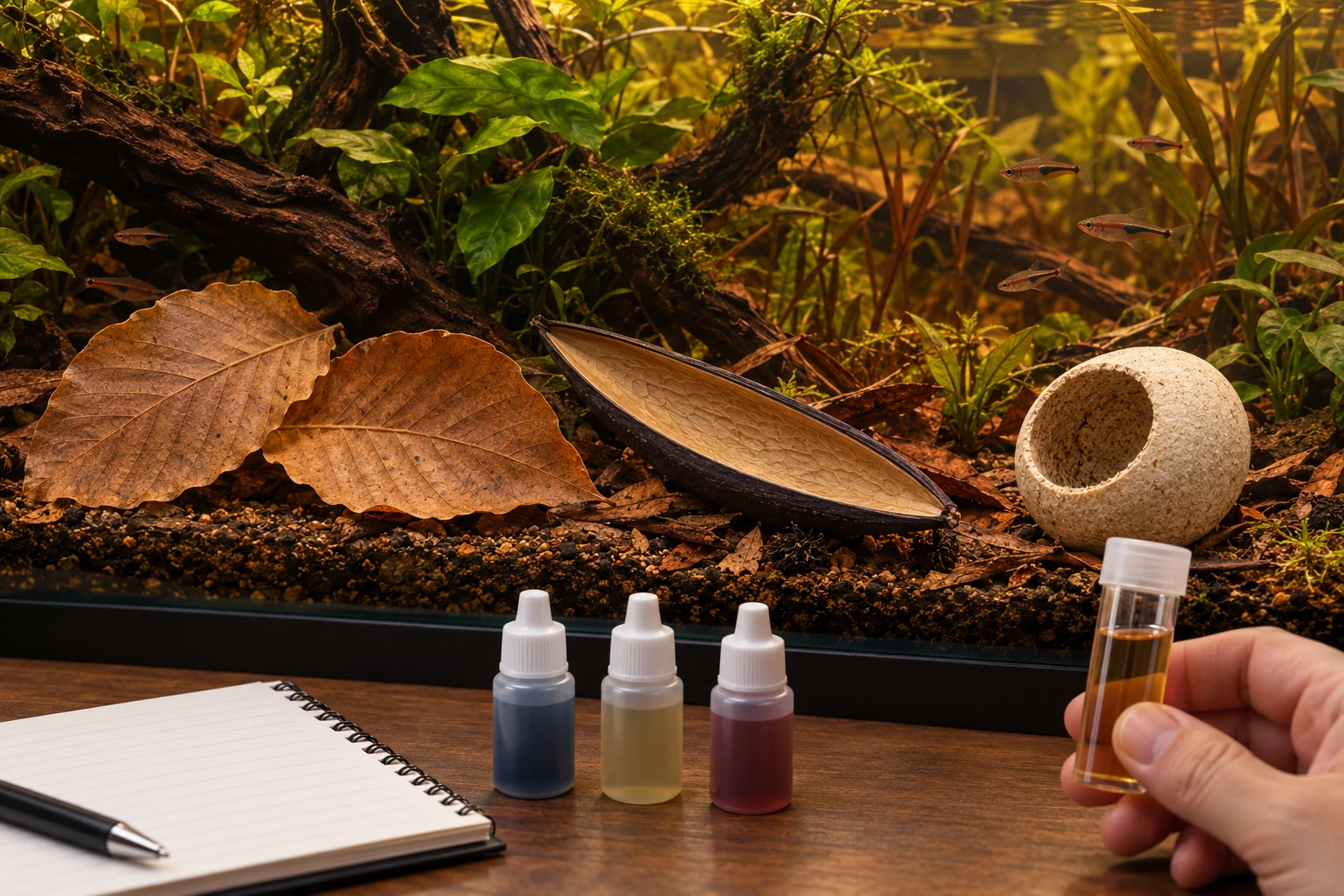 Amber aquarium water with Beech leaves, a Canoinhas pod and a Palm Bell cup; a hand holds a water sample outside the tank.