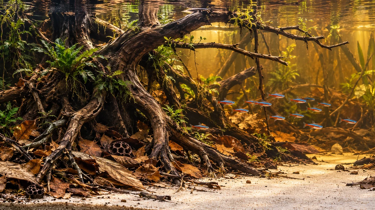 A warm botanical aquarium with branching driftwood, layered leaf litter, green planting and open swimming space.