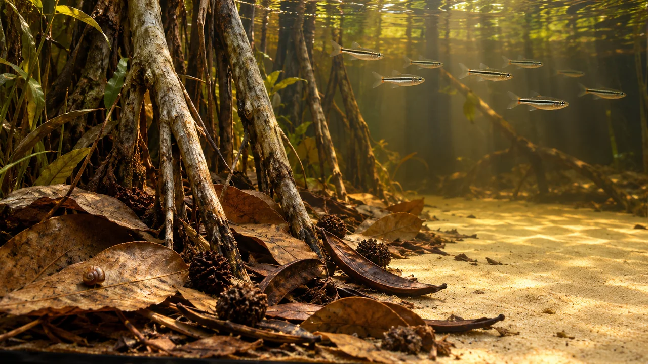 Upright roots rise from scattered brown leaves beside an open sandy foreground in amber water.