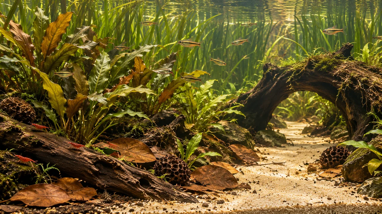 A pale sandy corridor leads between planted root banks beneath an arching piece of wood in warm aquarium light.