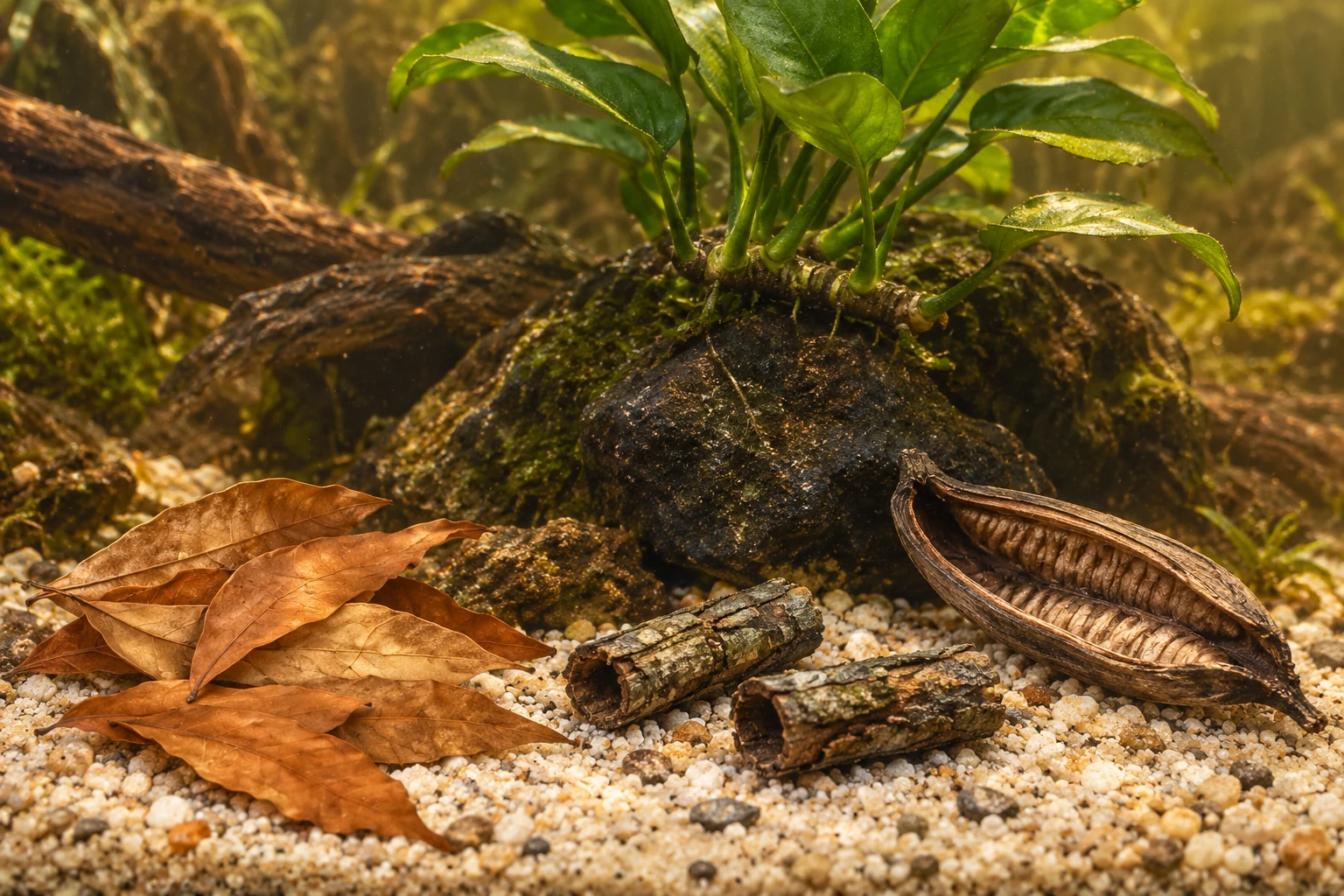 An exposed green rhizome attached above the substrate, with Longan leaves, rolled bark tubes and a ribbed Strelitzia pod below.