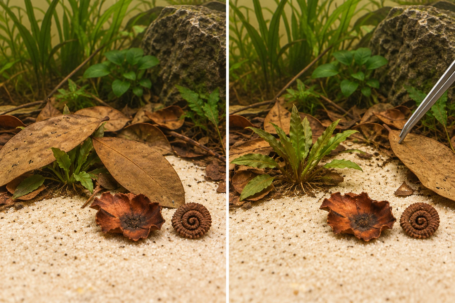 Matching views of a partly covered plant and a reopened crown, with tweezers moving a Mangrove leaf while a shallow Tumpi and coiled Rams Horn stay nearby.