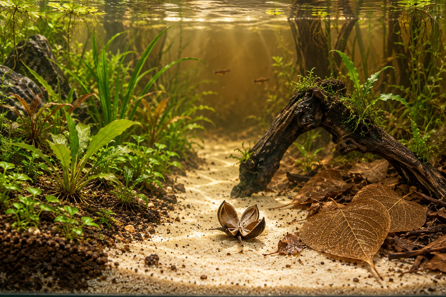 A planted amber aquarium with open sand, heart-shaped Bodhi leaves, an open Wild Lily pod and an arching Mangrove Root.