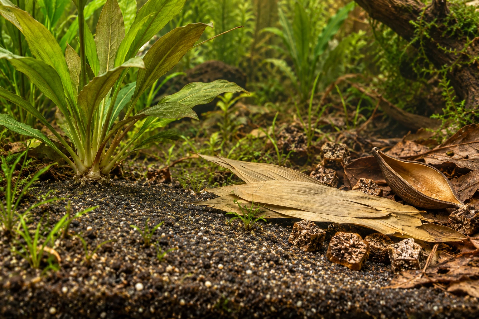 An exposed plant crown on the left, transitioning to narrow Bamboo leaves, small Mahogany pieces and an open Dregea pod on the right.