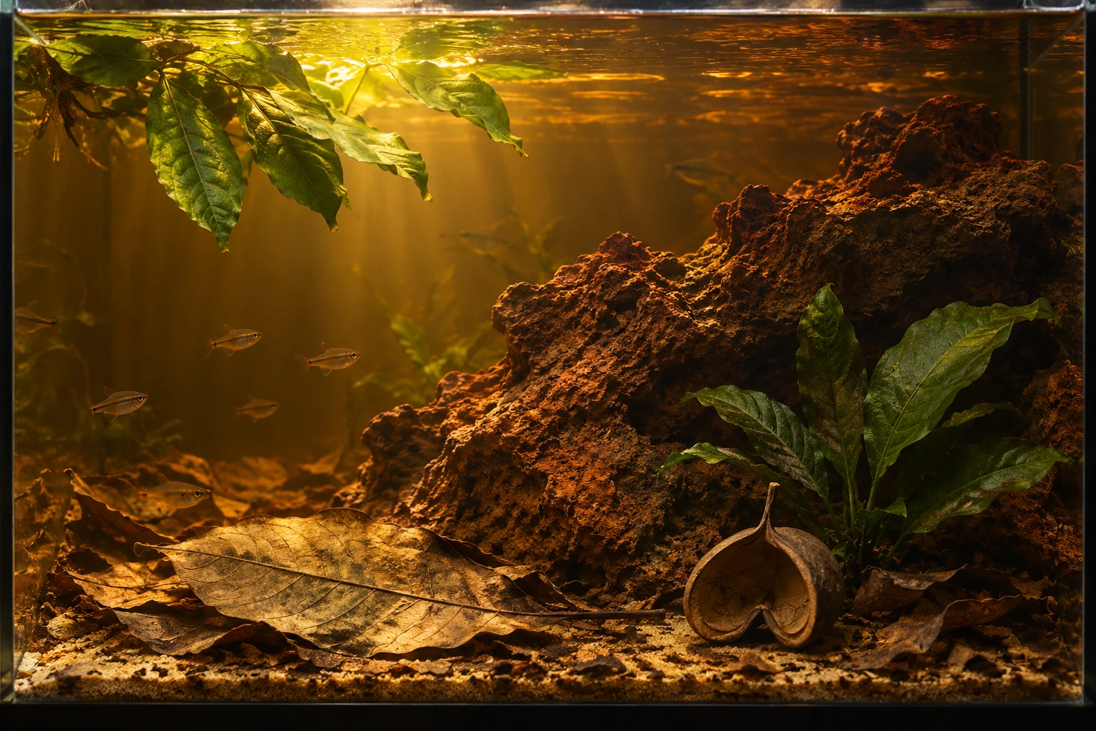 A near-surface plant and a lower plant behind rough rust-orange rock in amber water, with a Cacao leaf and open Buddha Nut on the substrate.