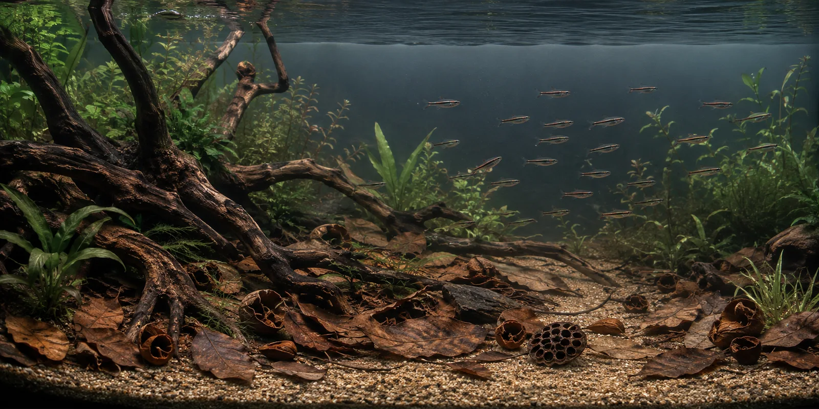 A planted aquarium with branching wood, leaf litter, natural pods and a school of small fish.