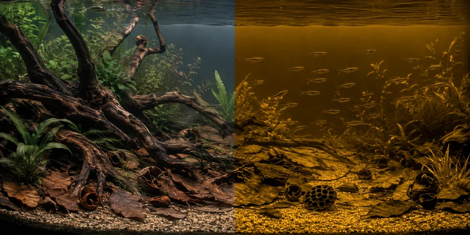The same planted botanical aquarium shown with clear water on the left and an amber colour treatment on the right.