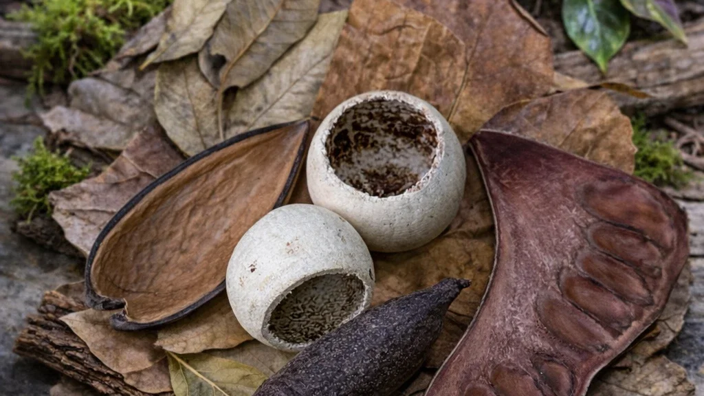 A BBA botanical collection with broad dried leaves, curved seed pods, pale natural cups and textured woody pieces.