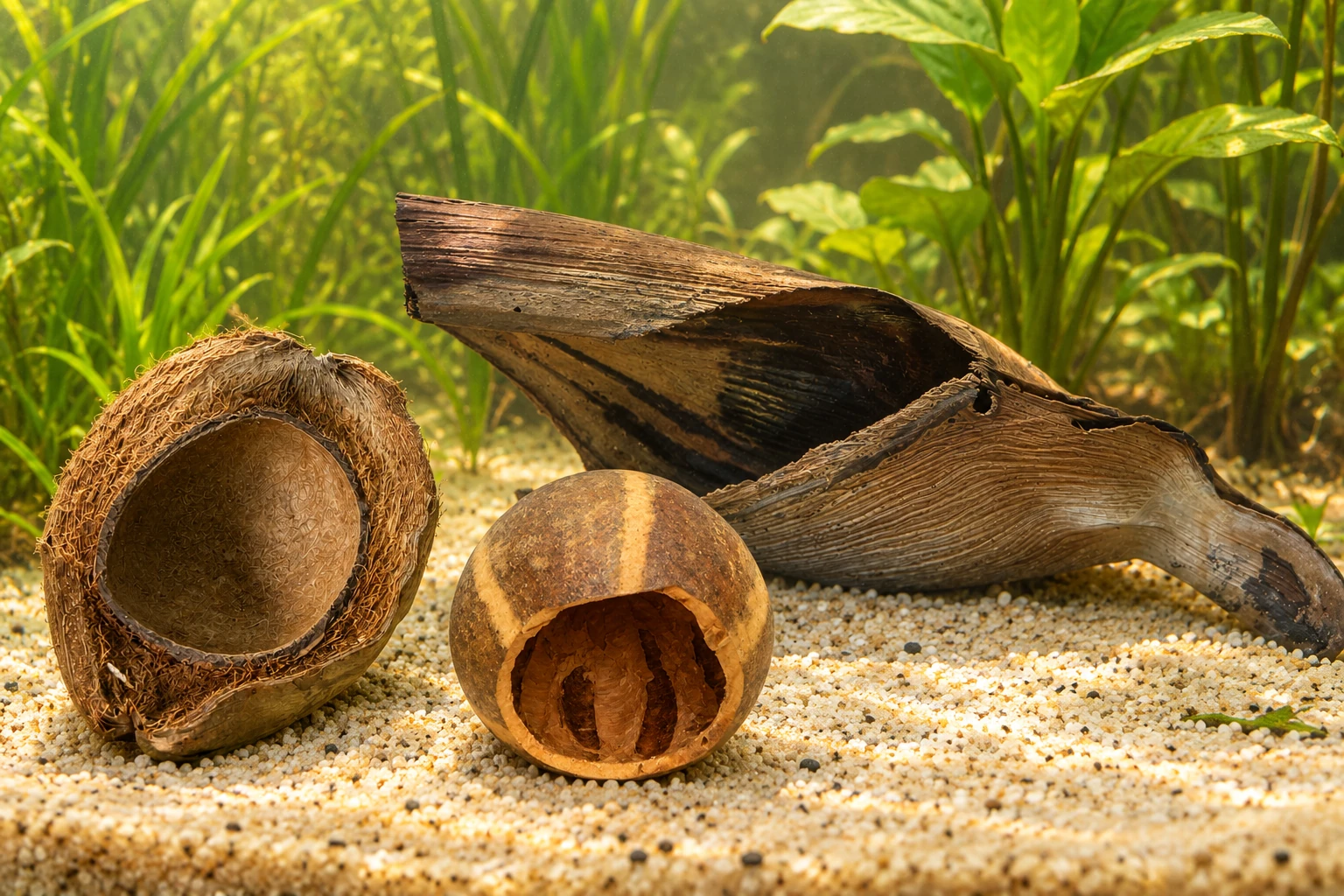 Coconut Cup, Bellani Pumpkin Cup and Palmyrah Male Sheath arranged in an aquarium.