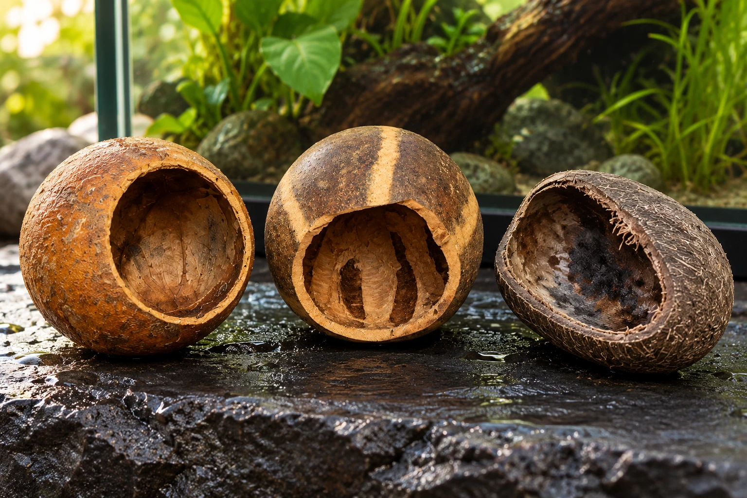 Kuchila Cup, Bellani Pumpkin Cup and Palmyrah Pod Half on wet slate with their interiors visible.