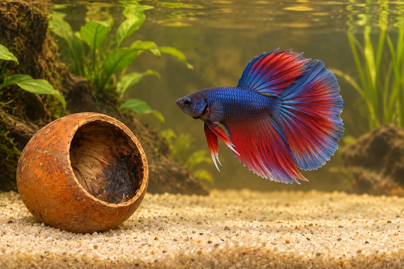 A long-finned betta outside a Kuchila Cup with its extended fins clearly visible.