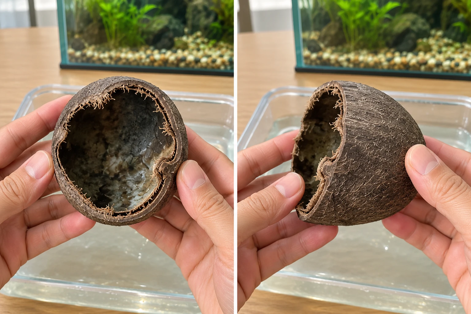 Hands holding the same Palmyrah Pod Half from front and side angles beside an aquarium.