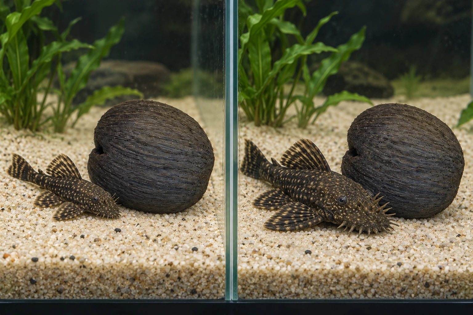 A juvenile and a larger bristlenose pleco outside the same rounded Palmyrah Seed form in separate aquarium views.