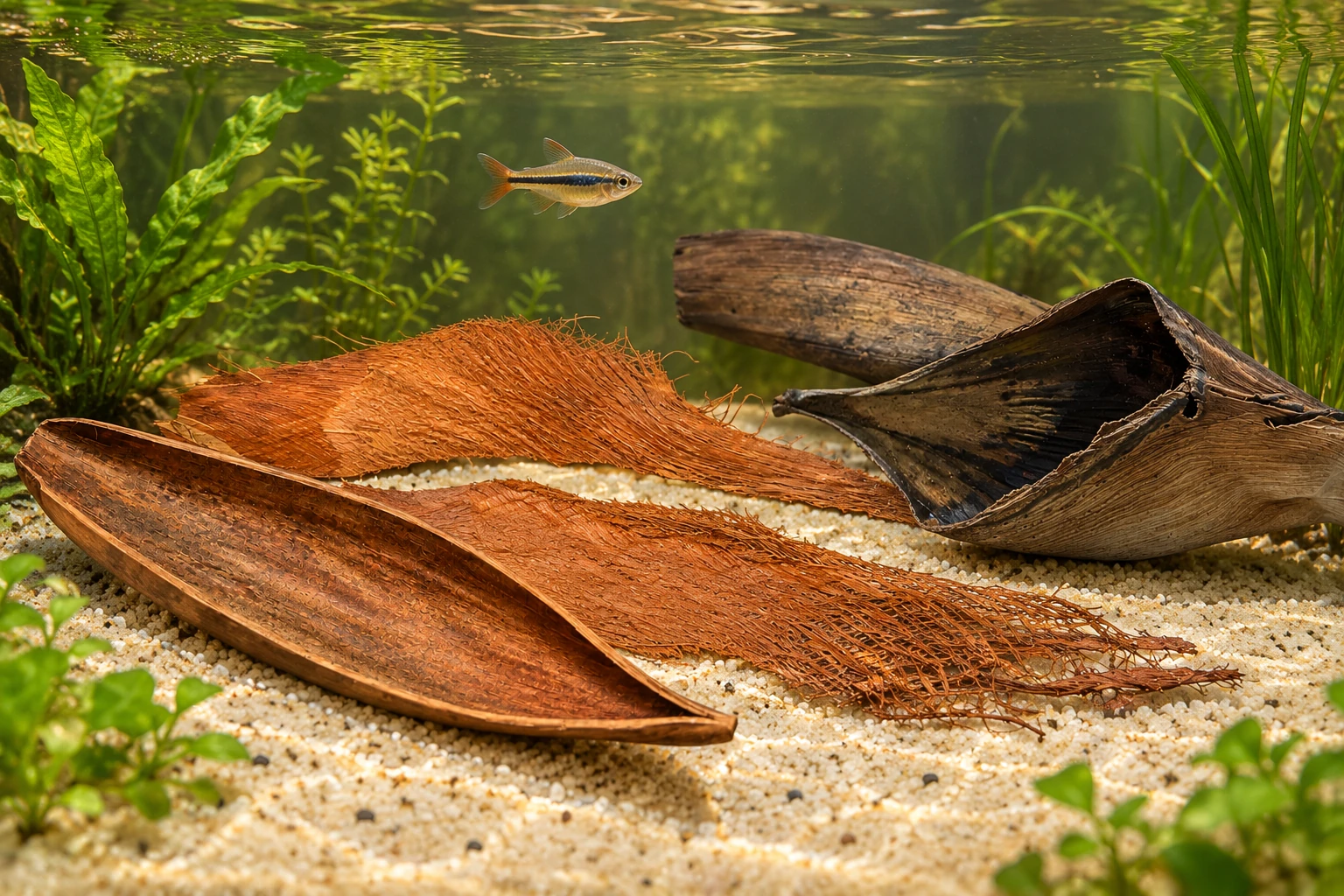 Open Coco Boat, fibrous Palm Bakla Mat and split Palmyrah Male Sheath in a planted aquarium.