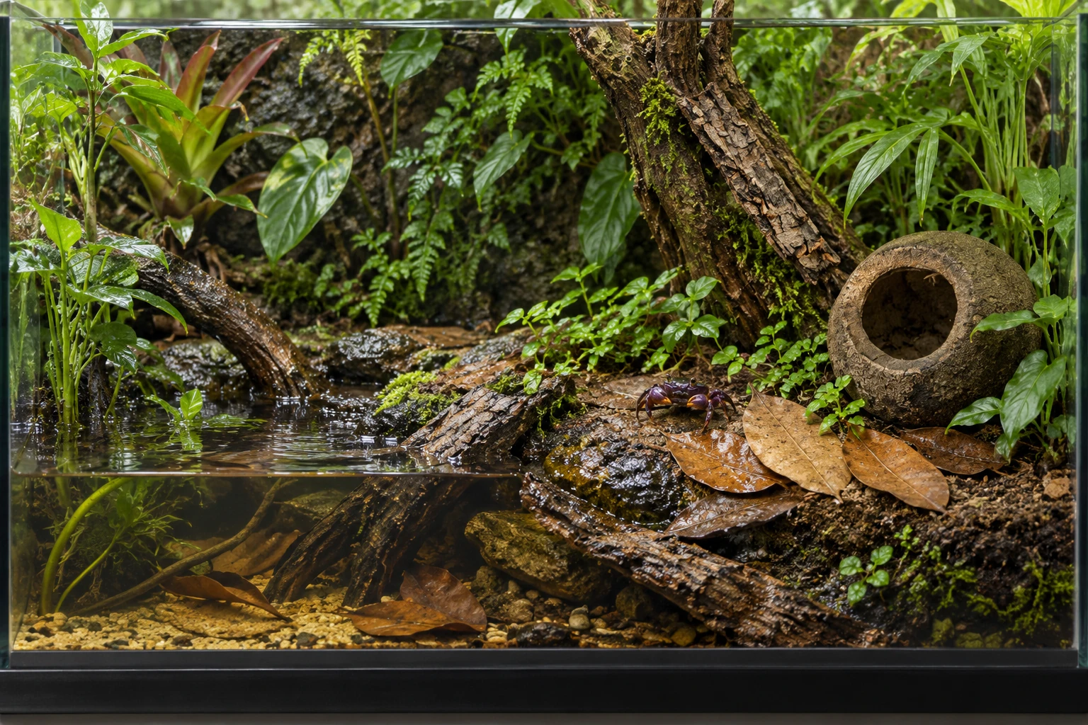 A land-led tropical paludarium with amber water, textured exits, Cinnamon leaves, Sapucaia pod, bark accents and one small crab.